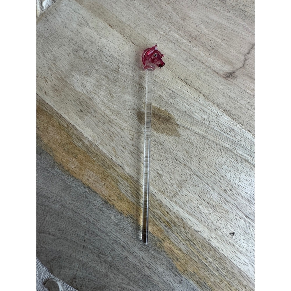Vintage Glass Horse Head Cocktail Stirrer Pink Cranberry Equestrian Barware 6.5"